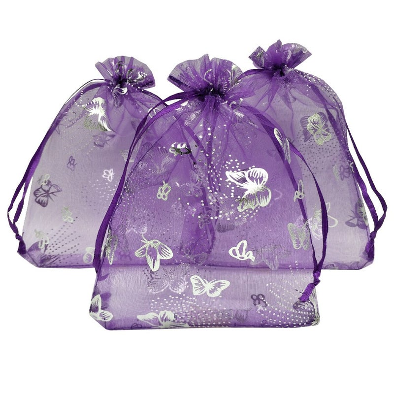 Ankirol 100pcs Sheer Organza Favor Bags Purple Butterfly Print For Wedding Gift Bags Samples Display Drawstring Pouches (4x6) - Image 3